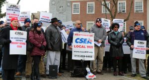 Southern Region President Billy Riccaldo addresses the crowd. Westchester County Local President John Staino is third from right, next to Riccaldo.