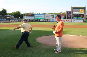 Long Island Region President Nick LaMorte throws out the first pitch at CSEA night at Bethpage Ballpark.