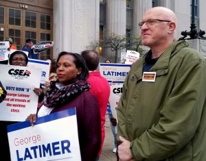 Westchester County Unit 1st Vice President Hattie Adams, left, and Westchester County Local President John Staino were part of a group of CSEA activists jamming the sidewalks during a rally outside the county’s Michaelian Office Building in White Plains.