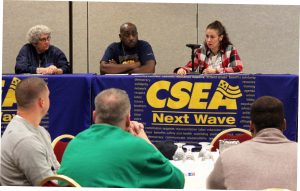 CSEA Executive Vice President Mary E. Sullivan, Next Wave Advisory Committee member Jarvis “Tim” Brown and Next Wave Advisory Committee member Bonnie Diaz lead a conference session.