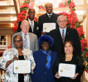 First row, from left, Honoree The Rev. Dr. Collie Pendleton, Senior Councilwoman Town of Hempstead Dorothy L. Goosby and Honoree Gladys G. Rodriguez. Second row, from left, Hempstead Mayor Don Ryan and CSEA Nassau Local 830 President Jerry Laricchiuta. Third row, from left, Keynote Speaker and CBTU Long Island Chapter President Alan Jennings and Honoree The Rev. Dr. William A. Watson Jr.