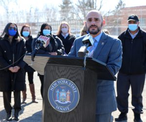CSEA Southern Region President Anthony Adamo speaks out against the proposed closure of Goshen Secure Center at a recent news conference also attended by union activists; state legislators; Orange County officials and Goshen Secure Center staff.