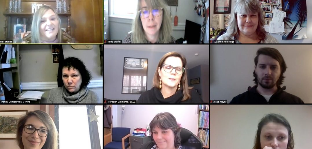 CSEA/VOICE Ulster Chapter Representative Heidi-Jo Brandt, upper left corner in this Zoom meeting screenshot, speaks with child care advocacy partners and state lawmakers, including State. Sen. Michelle Hinchey, bottom left corner.