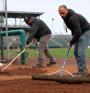 Town of Ramapo Unit members Gregory Mann, left, and Michael Lomelino prepare a bullpen at Palisades Credit Union Park.