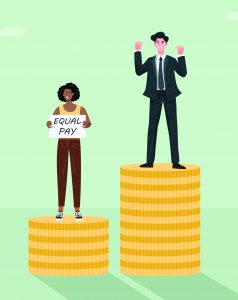 Equal pay gap concept, Business man and woman standing on coin stack.