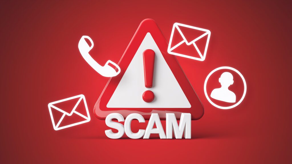 3D red warning triangle with a "SCAM" message