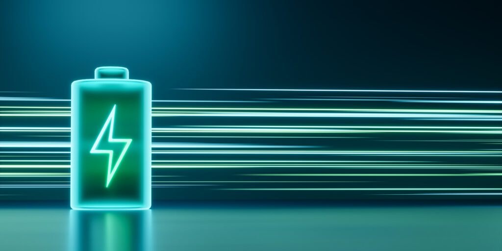 Glowing green power neon futuristic energy storage, high capacity rechargeable lithium ion battery, 3D rendering light trail of future electric vehicle clean energy technology concept